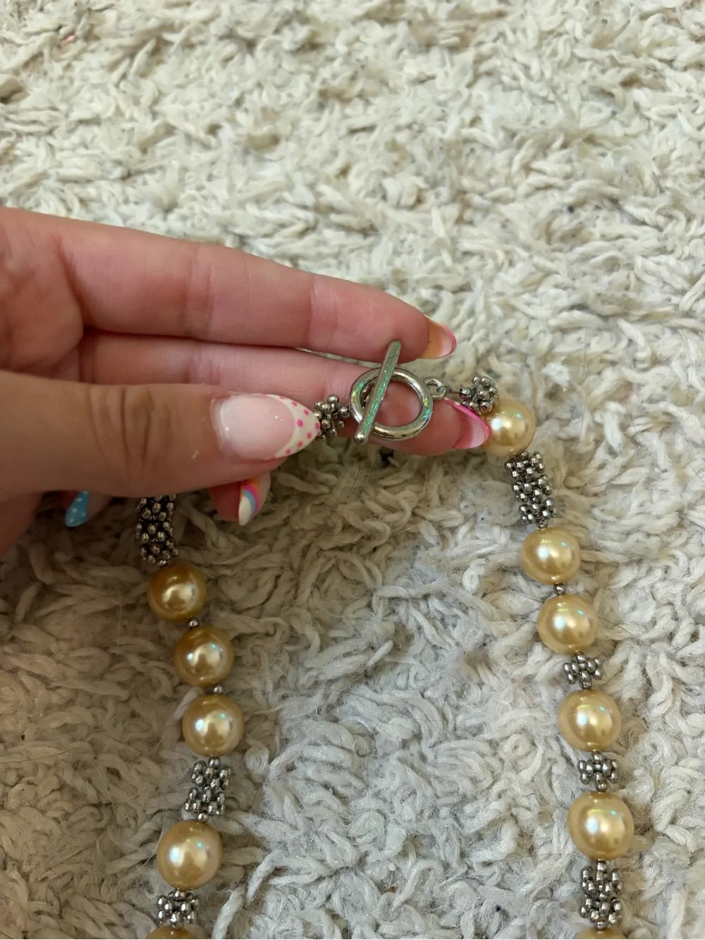 Faux Pearl Silver Tone Toggle Clasp Statement Necklace - Women Jewelry